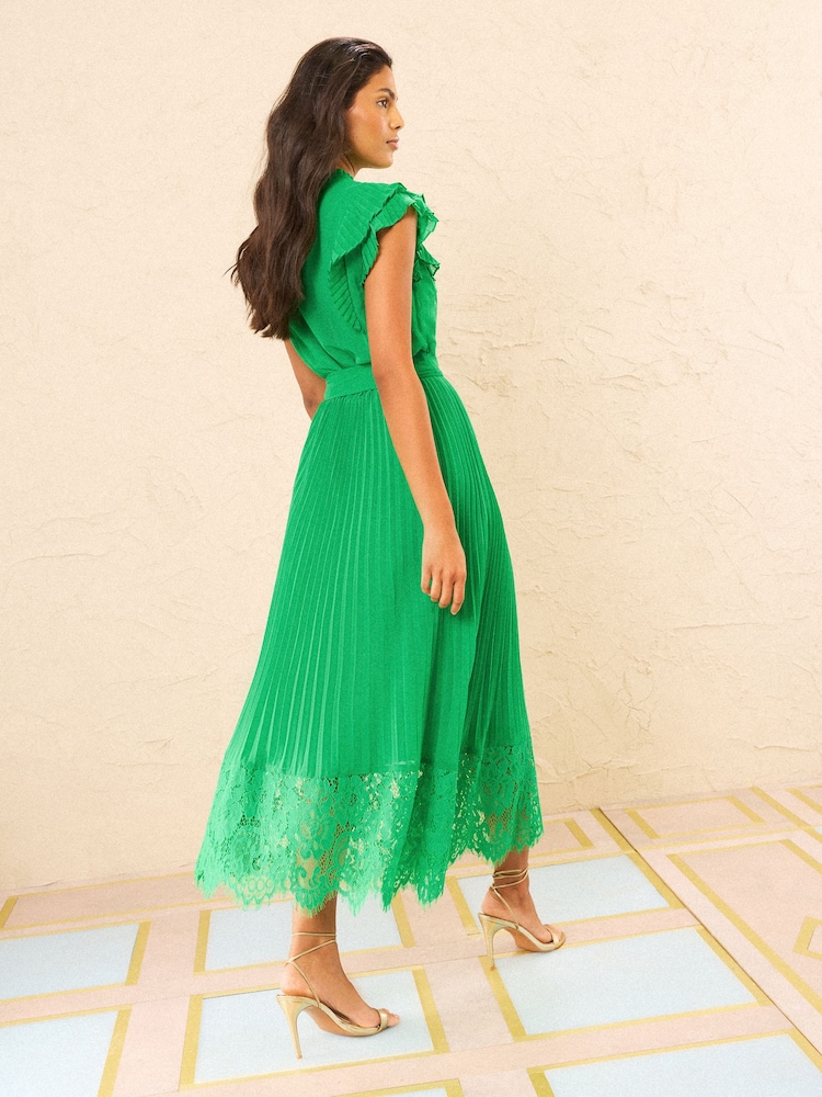 Love & Roses Bright Green Petite Lace Detail Pleated Midi Dress - Image 4 of 4 Love & Roses Bright Green Petite Lace Detail Pleated Midi Dress - Image 4 of 4