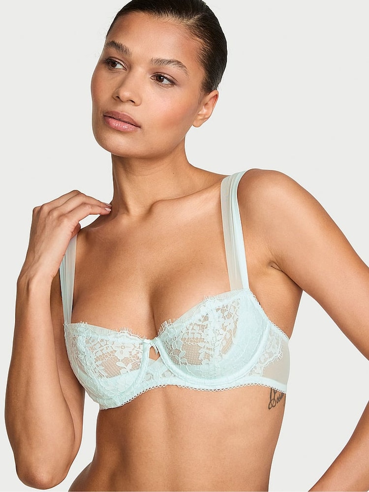 Victoria's Secret Bliss Blue Unlined Balcony Lace Mesh Trim Bra - Image 2 of 3 Victoria's Secret Bliss Blue Unlined Balcony Lace Mesh Trim Bra - Image 2 of 3