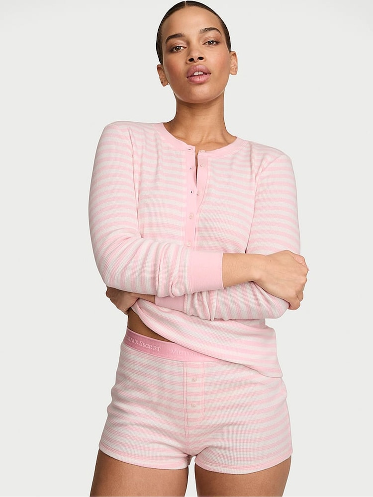 Victoria's Secret Pretty Blossom Pink Iconic Stripe Thermal Henley Short Pyjama Set - Image 1 of 2
