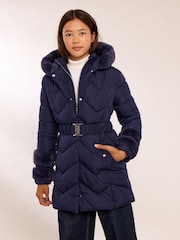 Lipsy Navy Blue Shower Resistant Midweight Faux Fur Trim Quilted Belted Puffer Coat (5-12yrs) - Image 1 of 6