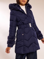 Lipsy Navy Blue Shower Resistant Midweight Faux Fur Trim Quilted Belted Puffer Coat (5-12yrs) - Image 2 of 6