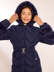Lipsy Navy Blue Shower Resistant Midweight Faux Fur Trim Quilted Belted Puffer Coat (5-12yrs) - Image 3 of 6