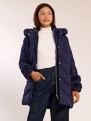 Lipsy Navy Blue Shower Resistant Midweight Faux Fur Trim Quilted Belted Puffer Coat (5-12yrs) - Image 4 of 6