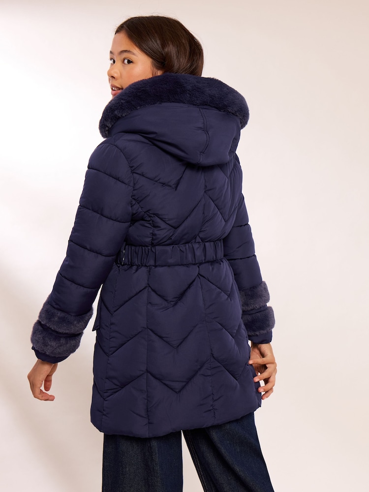 Lipsy Navy Blue Shower Resistant Midweight Faux Fur Trim Quilted Belted Puffer Coat (5-12yrs) - Image 6 of 6