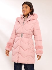 Lipsy Pink Shower Resistant Midweight Faux Fur Trim Quilted Belted Puffer Coat (5-12yrs) - Image 1 of 5