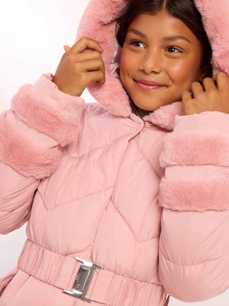 Lipsy Pink Shower Resistant Midweight Faux Fur Trim Quilted Belted Puffer Coat (5-12yrs) - Image 2 of 5