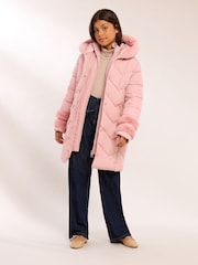Lipsy Pink Shower Resistant Midweight Faux Fur Trim Quilted Belted Puffer Coat (5-12yrs) - Image 3 of 5