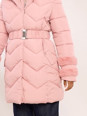 Lipsy Pink Shower Resistant Midweight Faux Fur Trim Quilted Belted Puffer Coat (5-12yrs) - Image 4 of 5