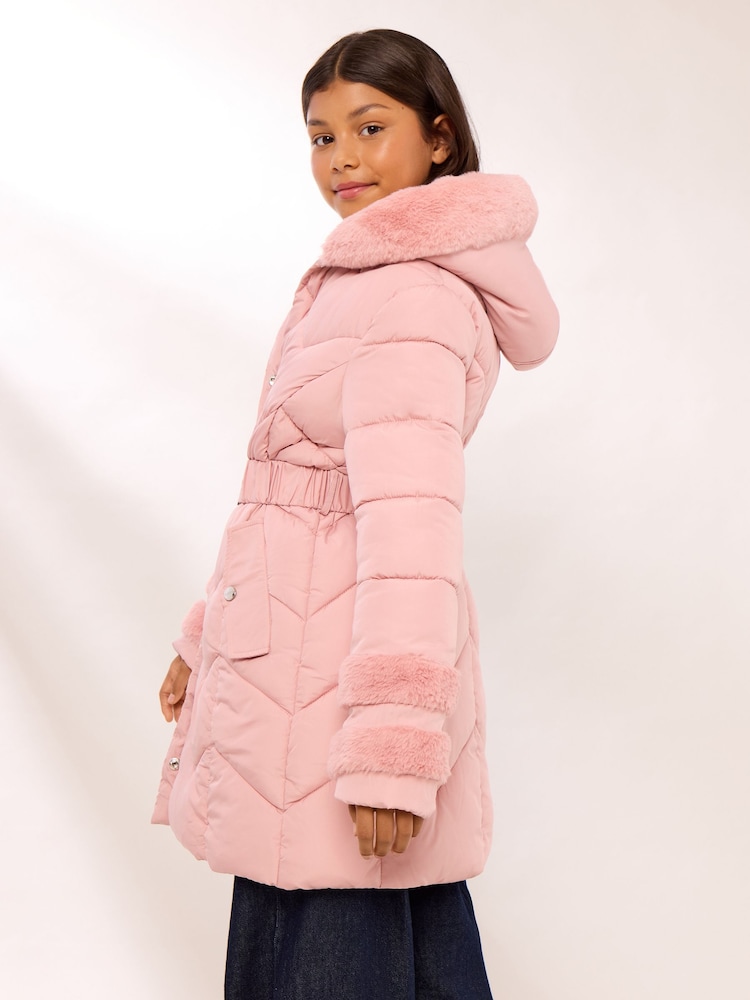 Lipsy Pink Shower Resistant Midweight Faux Fur Trim Quilted Belted Puffer Coat (5-12yrs) - Image 5 of 5