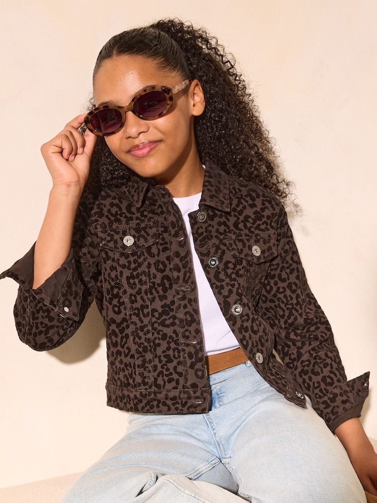 Lipsy Brown Leopard Denim Jacket (5-16yrs) - Image 1 of 4