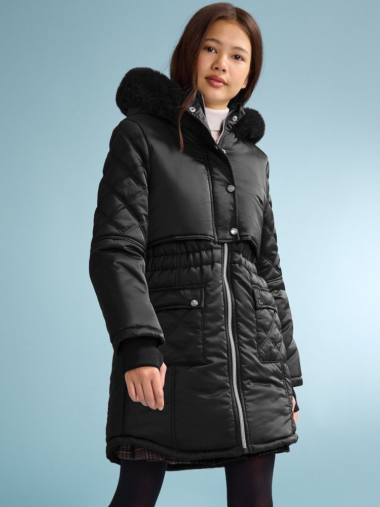 Lipsy Black Shower Resistant Midweight Padded Parka Coat (5-16yrs) - Image 1 of 5 Lipsy Black Shower Resistant Midweight Padded Parka Coat (5-16yrs) - Image 1 of 5