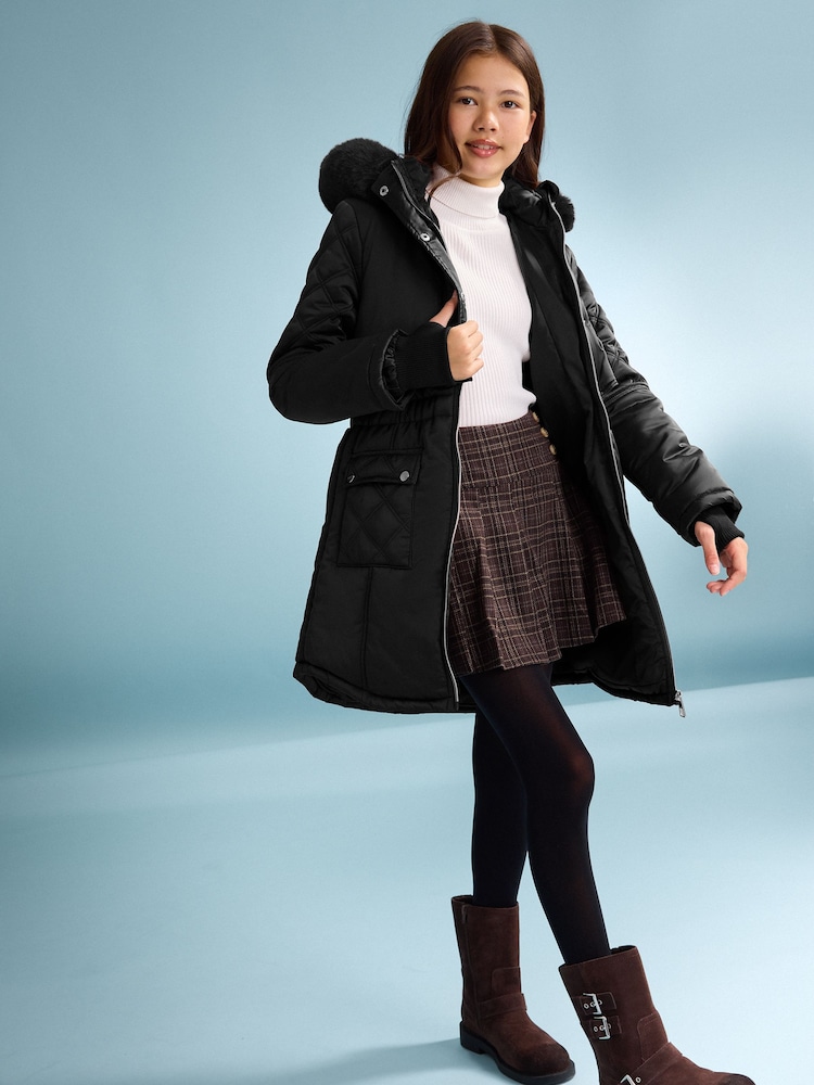 Lipsy Black Shower Resistant Midweight Padded Parka Coat (5-16yrs) - Image 2 of 5 Lipsy Black Shower Resistant Midweight Padded Parka Coat (5-16yrs) - Image 2 of 5