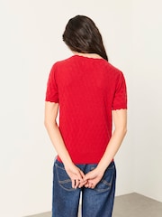 Punainen - FatFace Pointelle Stitch Short Sleeve Top - Kuva 2 / 6