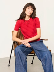 Punainen - FatFace Pointelle Stitch Short Sleeve Top - Kuva 4 / 6