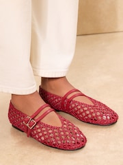 Червоний - Lipsy Faux Leather Woven Double Strap Mary Jane Ballerinas - Image 1 of 7