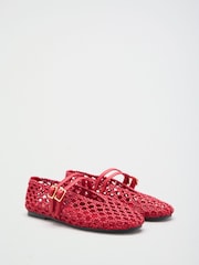 Червоний - Lipsy Faux Leather Woven Double Strap Mary Jane Ballerinas - Image 4 of 7