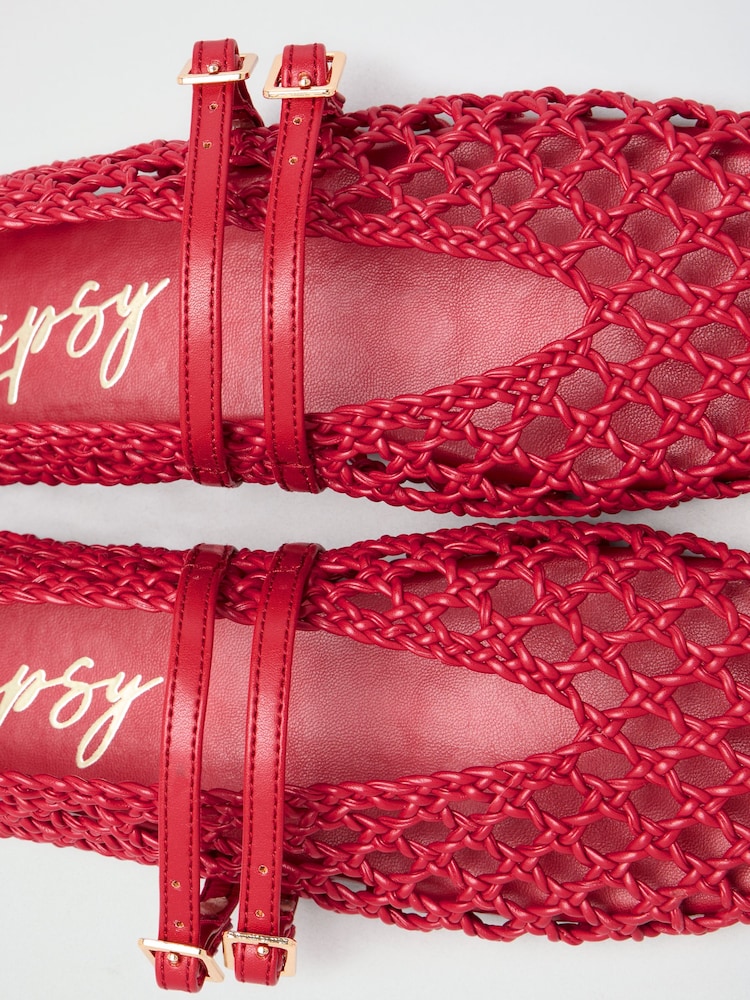 Червоний - Lipsy Faux Leather Woven Double Strap Mary Jane Ballerinas - Image 7 of 7
