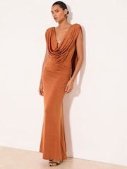 Lipsy Rust Brown Cowl Neck Slinky Hardware Detail Maxi Dress - Image 1 of 5