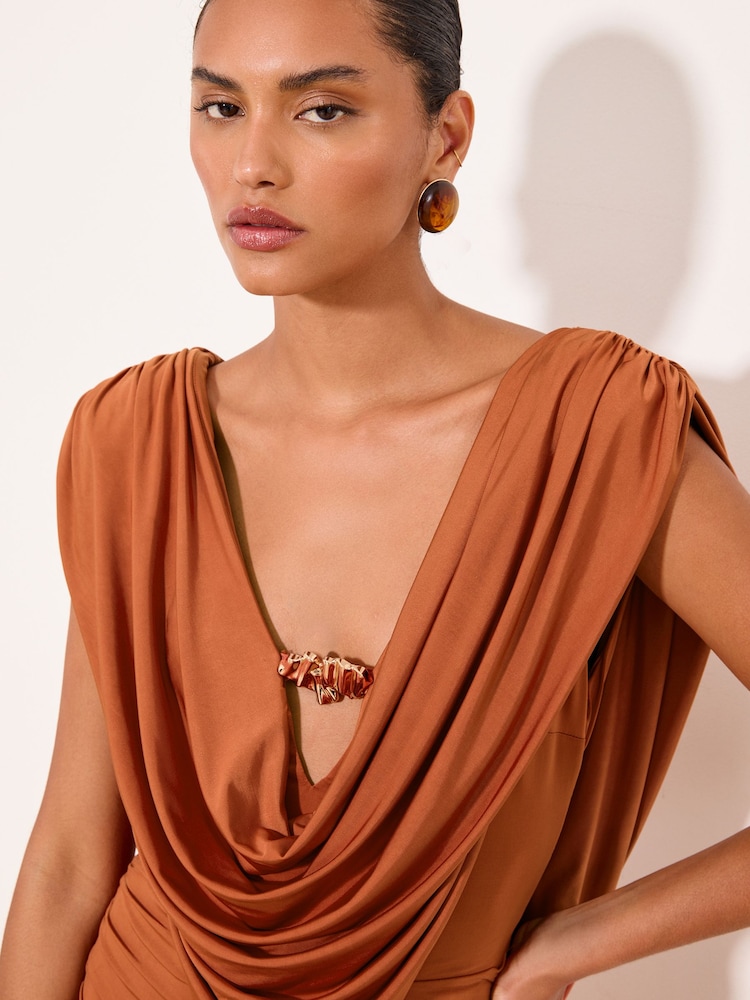 Lipsy Rust Brown Cowl Neck Slinky Hardware Detail Maxi Dress - Image 2 of 5