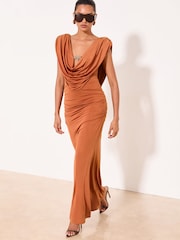 Lipsy Rust Brown Cowl Neck Slinky Hardware Detail Maxi Dress - Image 3 of 5