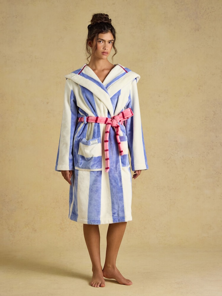 Joules Luna Blue/White Stripe Hooded Fleece Dressing Gown - Image 1 of 7 Joules Luna Blue/White Stripe Hooded Fleece Dressing Gown - Image 1 of 7