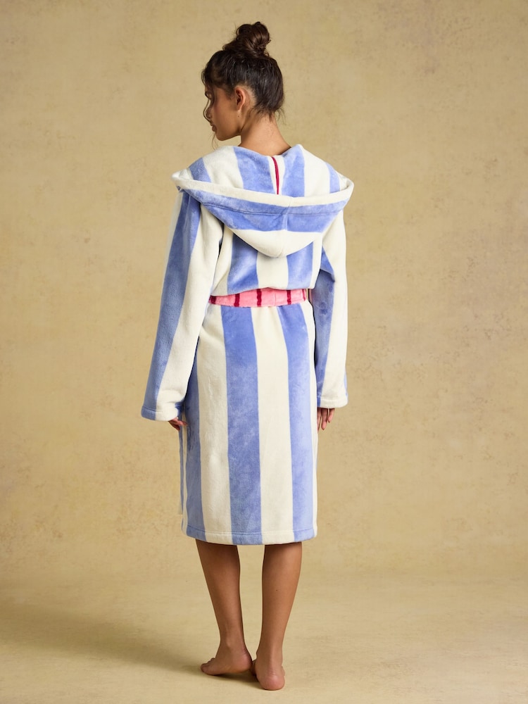 Joules Luna Blue/White Stripe Hooded Fleece Dressing Gown - Image 2 of 7 Joules Luna Blue/White Stripe Hooded Fleece Dressing Gown - Image 2 of 7