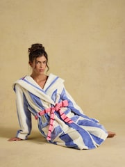 Joules Luna Blue/White Stripe Hooded Fleece Dressing Gown - Image 4 of 7