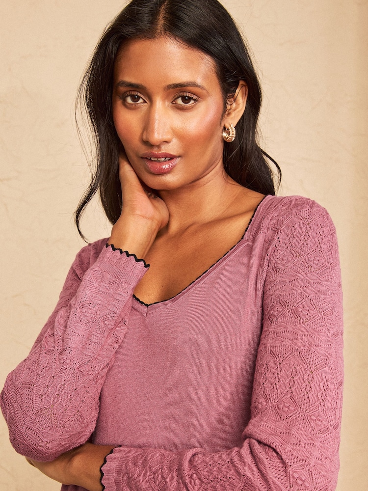 Love & Roses Pink 3/4 Sleeve Sweetheart Neck Knitted Top - Image 2 of 4