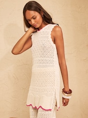 Love & Roses Ivory Crew Neck Sleeveless Cotton Rich Crochet Knitted Tunic Top - Image 1 of 4