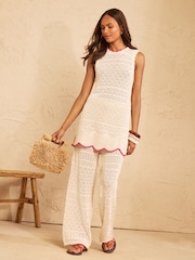 Love & Roses Ivory Crew Neck Sleeveless Cotton Rich Crochet Knitted Tunic Top - Image 3 of 4