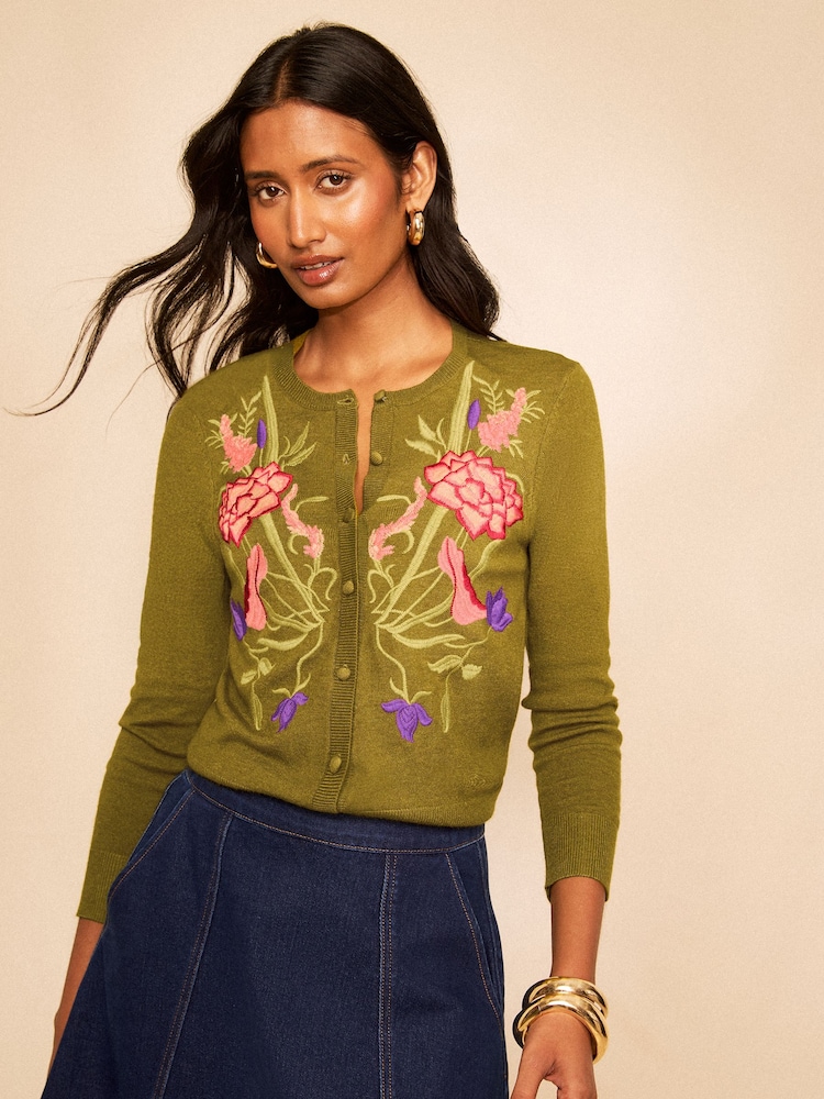 Love & Roses X RHS Green Crew Neck 3/4 Sleeve Floral Embroidered Knitted Cardigan - Image 1 of 4 Love & Roses X RHS Green Crew Neck 3/4 Sleeve Floral Embroidered Knitted Cardigan - Image 1 of 4