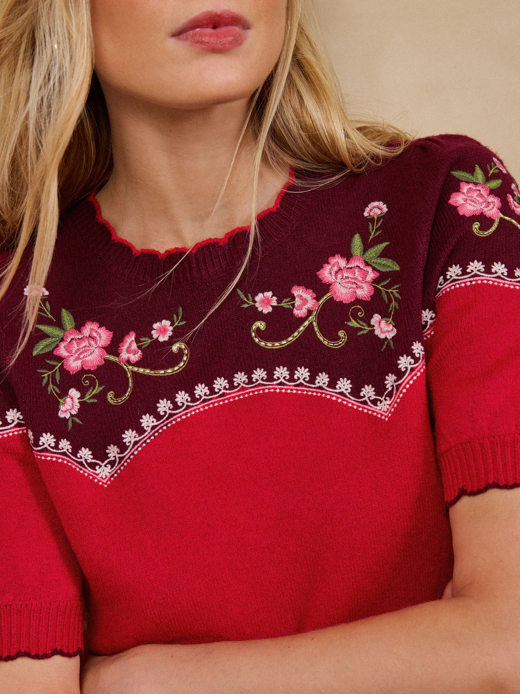 Buy Love & Roses Burgundy and Red Scalloped Crew Neck Floral