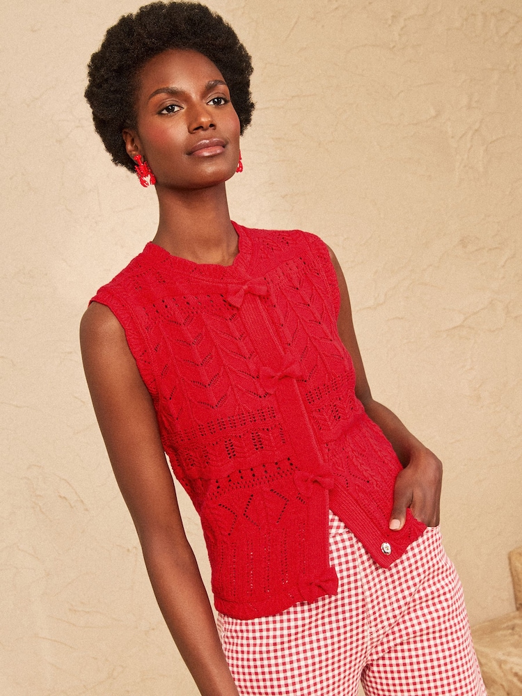 Love & Roses Red Bow Detail Cotton Rich Crew Neck Knitted Vest - Image 1 of 4