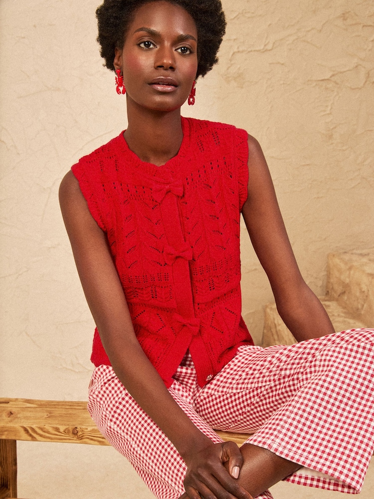 Love & Roses Red Bow Detail Cotton Rich Crew Neck Knitted Vest - Image 4 of 4