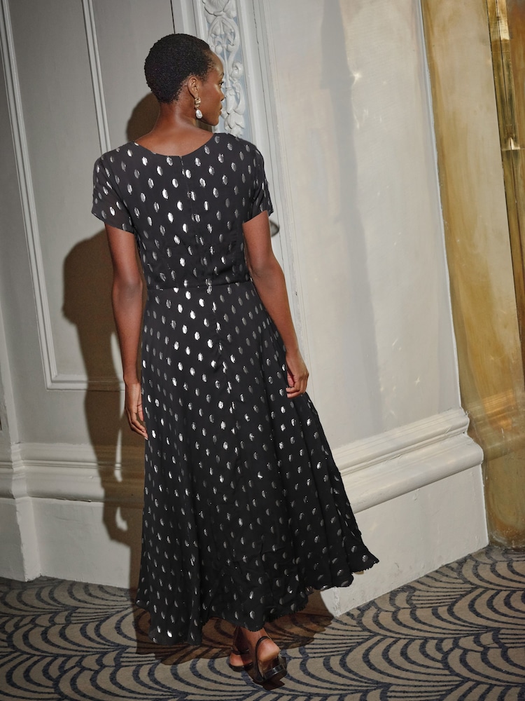 Pure Collection Metallic Spot Fit & Flare Black Midi Dress - Image 2 of 3 Pure Collection Metallic Spot Fit & Flare Black Midi Dress - Image 2 of 3