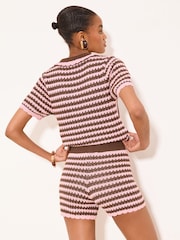 Lipsy Pink Chocolate Brown Stripe Scallop Detail Shorts - Image 4 of 4