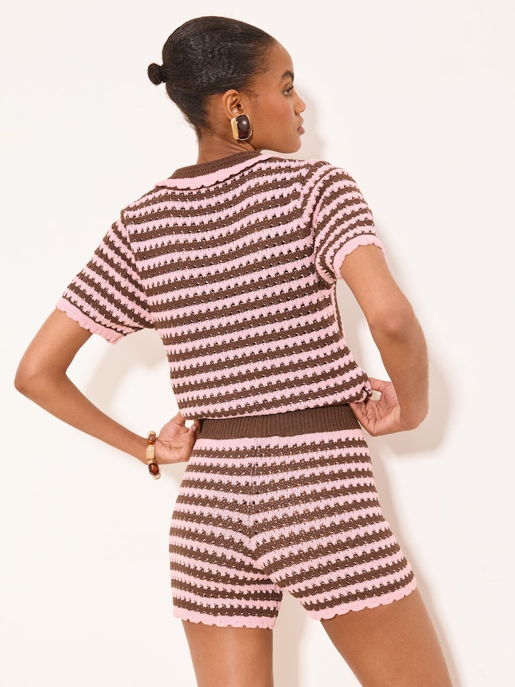 Lipsy Pink Chocolate Brown Stripe Scallop Detail Shorts - Image 4 of 4