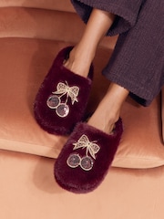 Lipsy Burgundy Red Comfort Cherry Soft Faux Fur Mule Slip on Slippers - Image 1 of 7