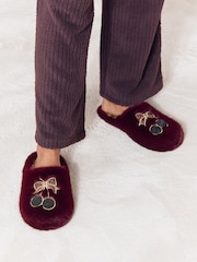Lipsy Burgundy Red Comfort Cherry Soft Faux Fur Mule Slip on Slippers - Image 2 of 7