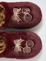 Lipsy Burgundy Red Comfort Cherry Soft Faux Fur Mule Slip on Slippers - Image 6 of 7