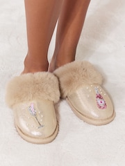 Lipsy Gold Embellished Badge Faux Fur Slip On Mule Slippers - Image 1 of 7