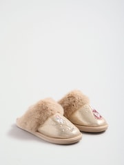 Lipsy Gold Embellished Badge Faux Fur Slip On Mule Slippers - Image 3 of 7