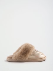 Lipsy Gold Embellished Badge Faux Fur Slip On Mule Slippers - Image 4 of 7