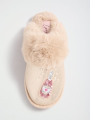 Lipsy Gold Embellished Badge Faux Fur Slip On Mule Slippers - Image 5 of 7