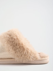 Lipsy Gold Embellished Badge Faux Fur Slip On Mule Slippers - Image 6 of 7