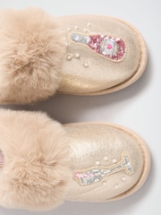 Lipsy Gold Embellished Badge Faux Fur Slip On Mule Slippers - Image 7 of 7