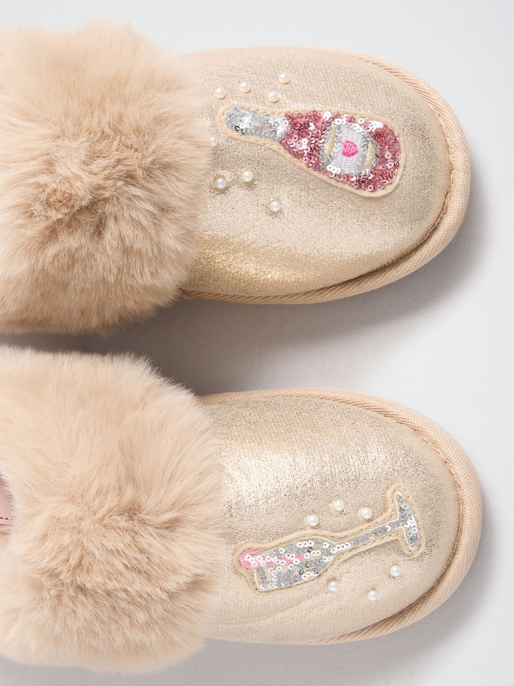 Lipsy Gold Embellished Badge Faux Fur Slip On Mule Slippers - Image 7 of 7 Lipsy Gold Embellished Badge Faux Fur Slip On Mule Slippers - Image 7 of 7
