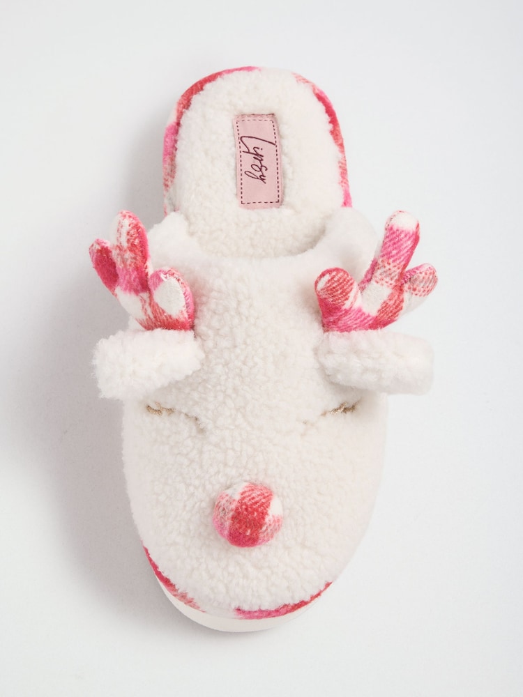 Lipsy Cream Soft Faux Borg Reindeer Mule Slippers - Image 1 of 5