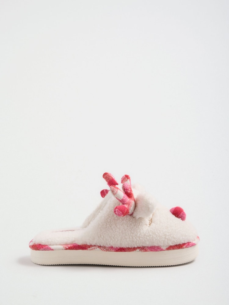 Lipsy Cream Soft Faux Borg Reindeer Mule Slippers - Image 5 of 5