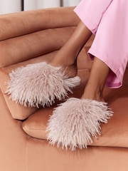 Lipsy Dusky Pink Fluffy Faux Fur Slider Slippers - Image 1 of 2